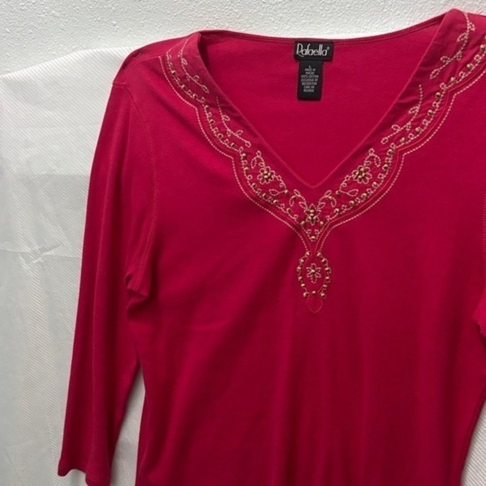 Rafaella Womens Pink Embroidered Beaded V-Neck Ribbed Cotton Long Sleeve Top L